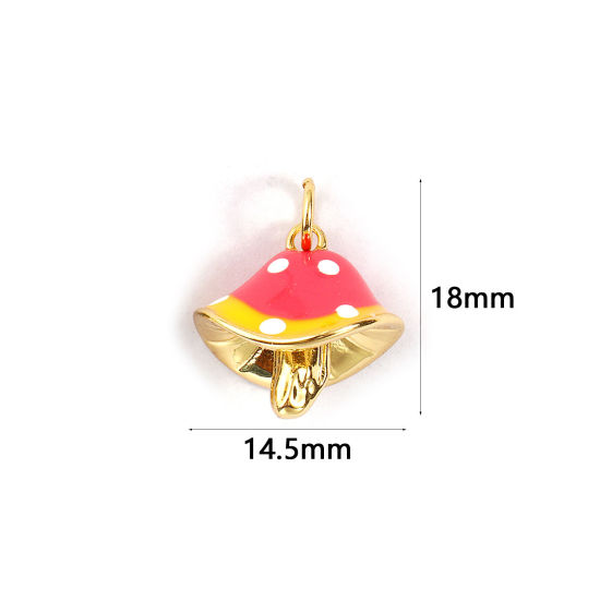 Immagine di 2 PCs Eco-friendly Brass Charms 18K Real Gold Plated Pink Enamel Mushroom Spot 3D 18mm x 14.5mm