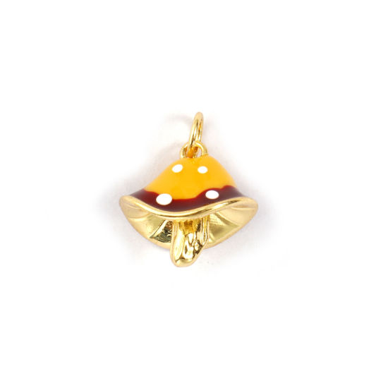 Immagine di 2 PCs Eco-friendly Brass Charms 18K Real Gold Plated Yellow Enamel Mushroom Spot 3D 18mm x 14.5mm