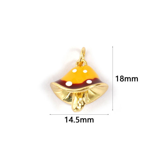 Immagine di 2 PCs Eco-friendly Brass Charms 18K Real Gold Plated Yellow Enamel Mushroom Spot 3D 18mm x 14.5mm
