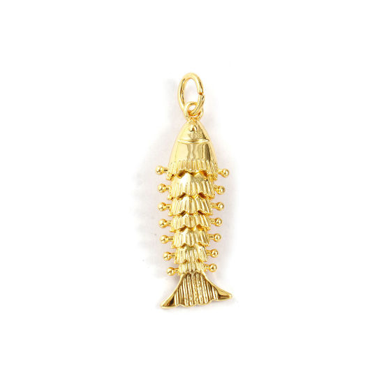Immagine di 1 Piece Brass Ocean Jewelry Pendants 18K Gold Plated Goldfish 3D Movable 3.9cm x 1.2cm