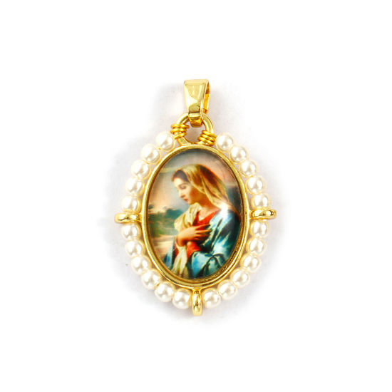 Immagine di 1 Piece Brass & Acrylic Religious Pendants 18K Gold Plated Multicolor Oval Virgin Mary 3.3cm x 2.2cm