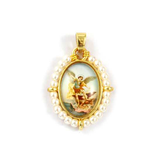Immagine di 1 Piece Brass & Acrylic Religious Pendants 18K Gold Plated Multicolor Oval Angel 3.3cm x 2.2cm