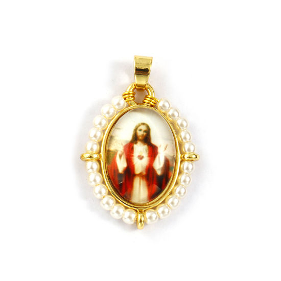 Immagine di 1 Piece Brass & Acrylic Religious Pendants 18K Gold Plated Multicolor Oval Jesus 3.3cm x 2.2cm