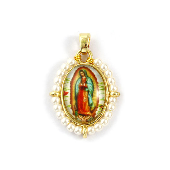 Immagine di 1 Piece Brass & Acrylic Religious Pendants 18K Gold Plated Multicolor Oval Virgin Mary 3.3cm x 2.2cm