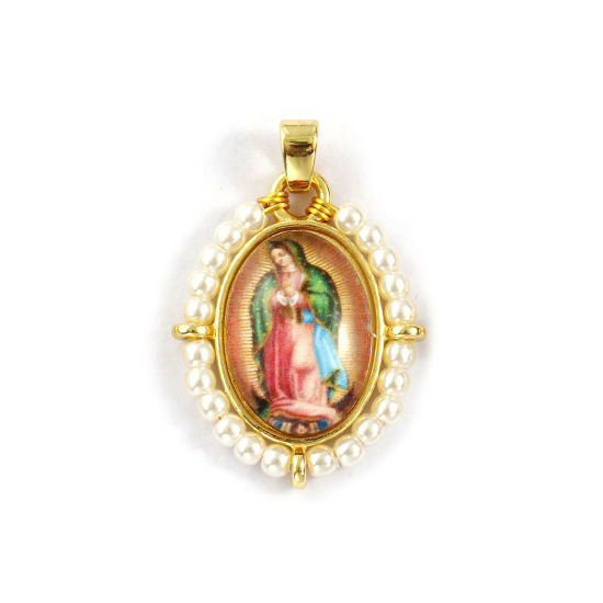 Immagine di 1 Piece Brass & Acrylic Religious Pendants 18K Gold Plated Multicolor Oval Virgin Mary 3.3cm x 2.2cm