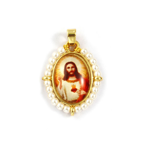 Immagine di 1 Piece Brass & Acrylic Religious Pendants 18K Gold Plated Multicolor Oval Jesus 3.3cm x 2.2cm