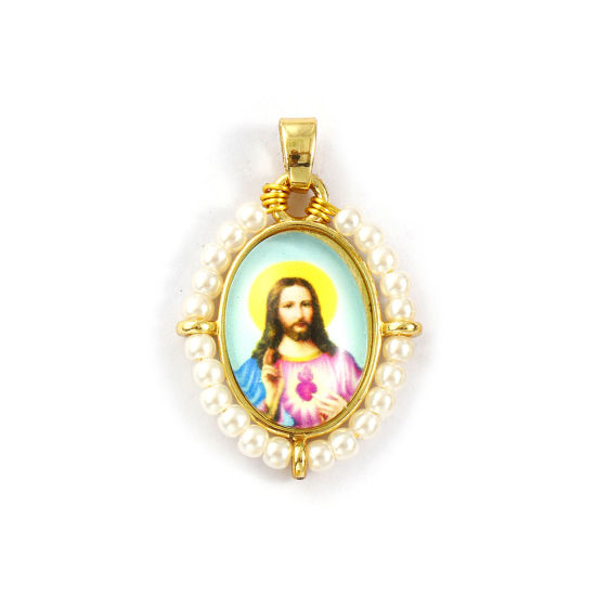 Immagine di 1 Piece Brass & Acrylic Religious Pendants 18K Gold Plated Multicolor Oval Jesus 3.3cm x 2.2cm