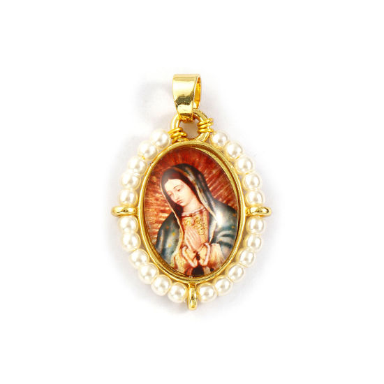 Immagine di 1 Piece Brass & Acrylic Religious Pendants 18K Gold Plated Multicolor Oval Virgin Mary 3.3cm x 2.2cm
