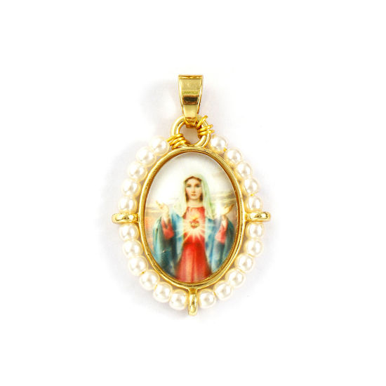 Immagine di 1 Piece Brass & Acrylic Religious Pendants 18K Gold Plated Multicolor Oval Virgin Mary 3.3cm x 2.2cm