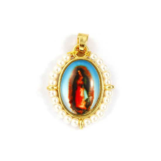 Immagine di 1 Piece Brass & Acrylic Religious Pendants 18K Gold Plated Multicolor Oval Virgin Mary 3.3cm x 2.2cm