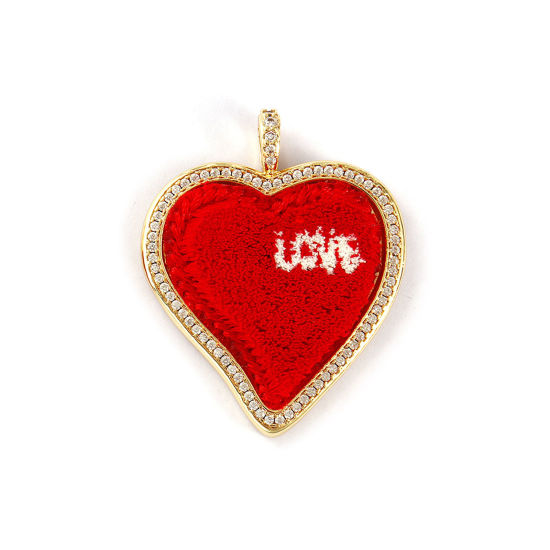 Immagine di 1 Pz Ecologico Ottone & Poliestere San Valentino Ciondoli Pendenti 18K Vero Oro Placcato Rosso Cuore Lettere " LOVE " Micro Spianare Trasparente Cubic Zirconiae 4.1cm x 3.3cm