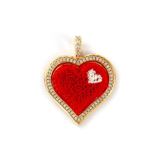 Immagine di 1 Pz Ecologico Ottone & Poliestere San Valentino Ciondoli Pendenti 18K Vero Oro Placcato Rosso Cuore Micro Spianare Trasparente Cubic Zirconiae 3.4cm x 2.7cm