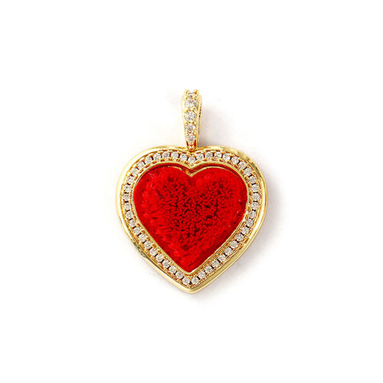 Immagine di 1 Pz Ecologico Ottone & Poliestere San Valentino Ciondoli 18K Vero Oro Placcato Rosso Cuore Micro Spianare Trasparente Cubic Zirconiae 29mm x 22mm