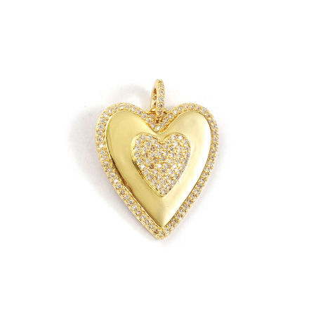 Picture of 1 Piece Eco-friendly Brass Valentine's Day Charms 18K Real Gold Plated Heart Micro Pave Clear Cubic Zirconia 29mm x 23mm