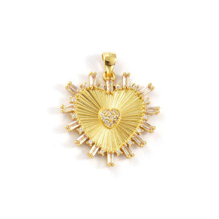 Picture of 1 Piece Eco-friendly Brass Valentine's Day Pendants 18K Real Gold Plated Heart Micro Pave Clear Cubic Zirconia 3cm x 2.6cm