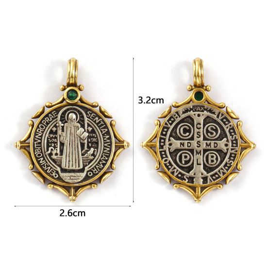 Bild von 1 Stück Messing Religiös Anhänger Antiksilber Antik Bronze Mixefarbe St. Benedikt-Medaille Doppelseitig Grün Kubischer Zirkon 3.2cm x 2.6cm