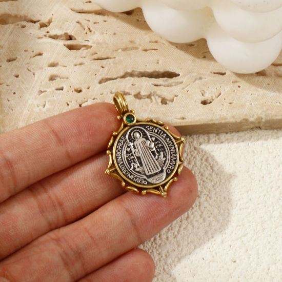 Bild von 1 Stück Messing Religiös Anhänger Antiksilber Antik Bronze Mixefarbe St. Benedikt-Medaille Doppelseitig Grün Kubischer Zirkon 3.2cm x 2.6cm