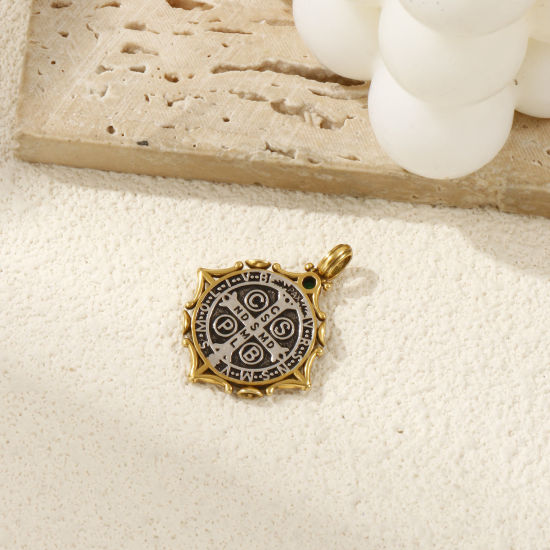 Bild von 1 Stück Messing Religiös Anhänger Antiksilber Antik Bronze Mixefarbe St. Benedikt-Medaille Doppelseitig Grün Kubischer Zirkon 3.2cm x 2.6cm