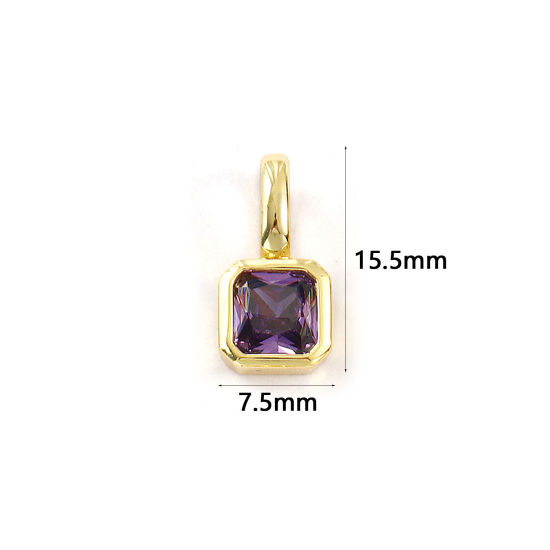 1 個 エコフレンドリー 真鍮 誕生石 チャーム 18Kリアルゴールドメッキ 正方形 二月 紫 ジルコン 15.5mm x 7.5mm、 の画像