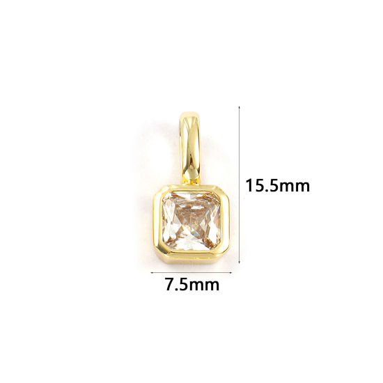 1 個 エコフレンドリー 真鍮 誕生石 チャーム 18Kリアルゴールドメッキ 正方形 四月 クリア ジルコン 15.5mm x 7.5mm、 の画像