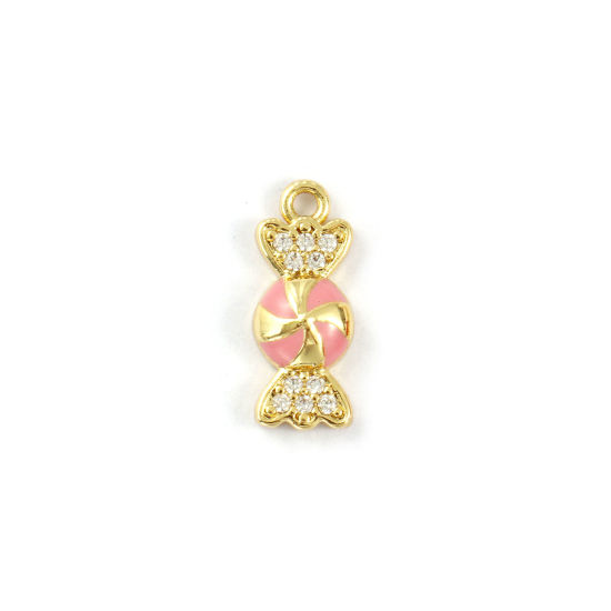Immagine di 2 PCs Brass Christmas Charms 18K Gold Plated Pink Enamel Candy Clear Cubic Zirconia 15mm x 6mm