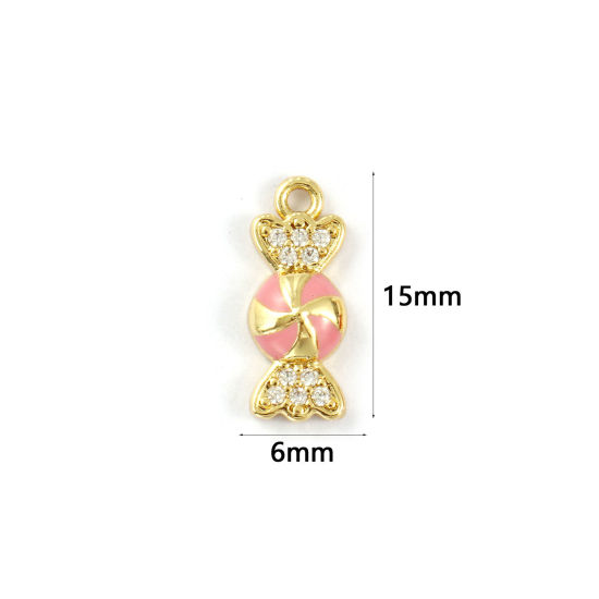 Immagine di 2 PCs Brass Christmas Charms 18K Gold Plated Pink Enamel Candy Clear Cubic Zirconia 15mm x 6mm