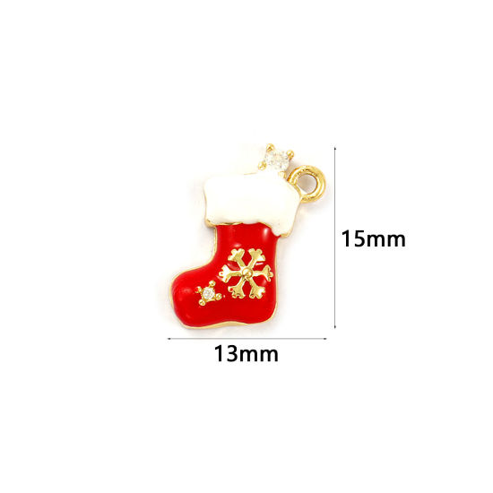 Immagine di 2 PCs Brass Charms 18K Gold Plated White & Red Enamel Christmas Stocking Clear Cubic Zirconia 15mm x 13mm