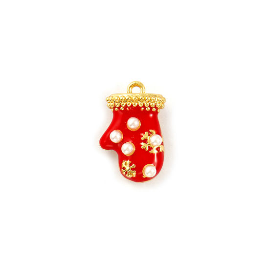 Immagine di 2 PCs Brass Charms 18K Gold Plated Red Enamel Christmas Gloves Acrylic Imitation Pearl 17mm x 11mm