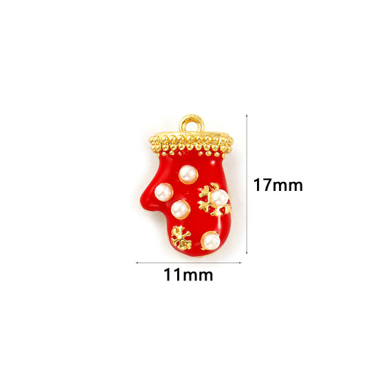 Immagine di 2 PCs Brass Charms 18K Gold Plated Red Enamel Christmas Gloves Acrylic Imitation Pearl 17mm x 11mm