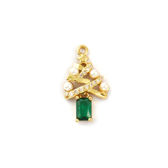 Immagine di 2 PCs Brass Charms 18K Gold Plated White Christmas Tree Acrylic Imitation Pearl Green Cubic Zirconia 21mm x 12mm