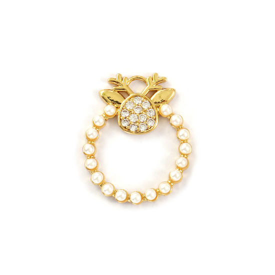 Immagine di 2 PCs Brass Charms 18K Gold Plated White Christmas Reindeer Wreath Acrylic Imitation Pearl Clear Cubic Zirconia 23mm x 19mm