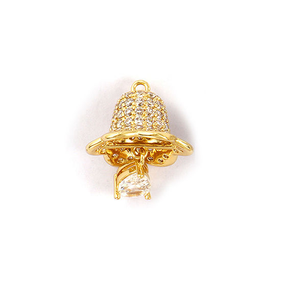 Bild von 1 Piece Brass 3D Charms 18K Gold Plated Christmas Jingle Bell Flower Micro Pave Clear Cubic Zirconia 21mm x 16mm
