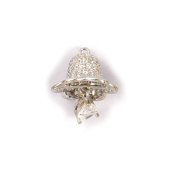 Bild von 1 Piece Brass 3D Charms Platinum Plated Christmas Jingle Bell Flower Micro Pave Clear Cubic Zirconia 21mm x 16mm