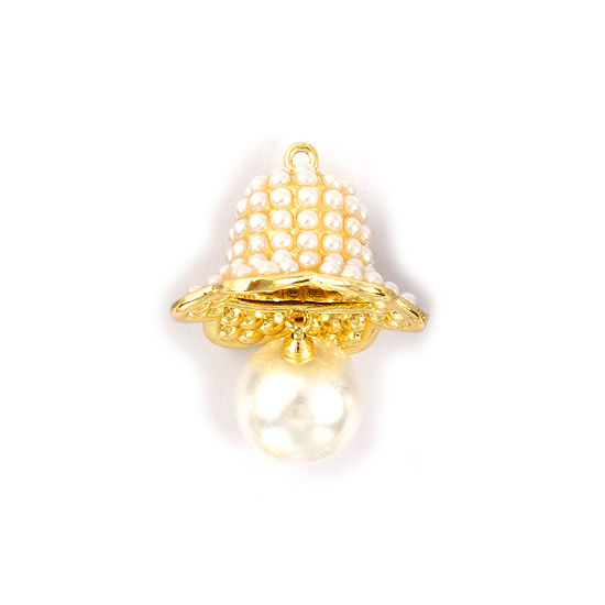 Bild von 1 Piece Brass 3D Pendants 18K Gold Plated White Christmas Jingle Bell Flower Acrylic Imitation Pearl 3.2cm x 2.3cm