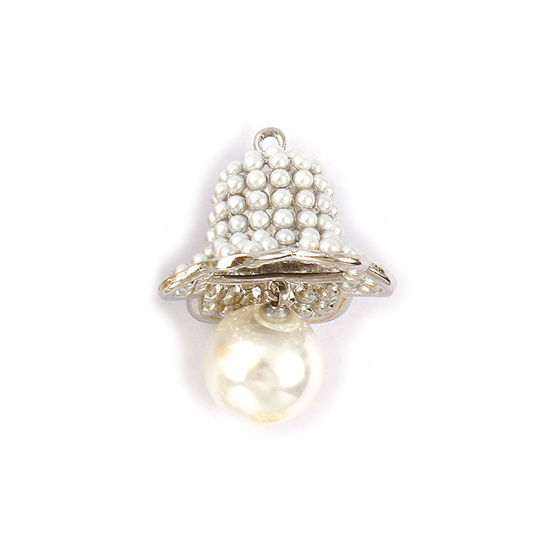 Bild von 1 Piece Brass 3D Pendants Platinum Plated White Christmas Jingle Bell Flower Acrylic Imitation Pearl 3.2cm x 2.3cm