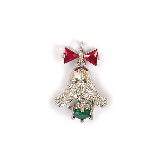 Bild von 1 Piece Brass 3D Charms Platinum Plated Christmas Jingle Bell Bowknot Multicolour Cubic Zirconia 24mm x 15mm