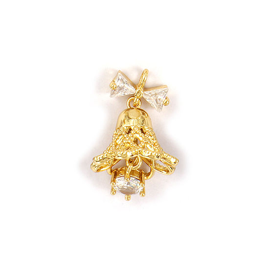Bild von 1 Piece Brass 3D Charms 18K Gold Plated Christmas Jingle Bell Bowknot Clear Cubic Zirconia 24mm x 15mm