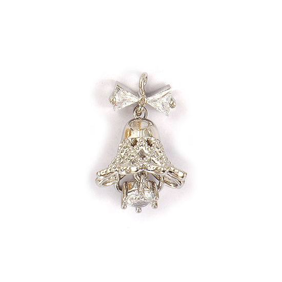 Bild von 1 Piece Brass 3D Charms Platinum Plated Christmas Jingle Bell Bowknot Clear Cubic Zirconia 24mm x 15mm