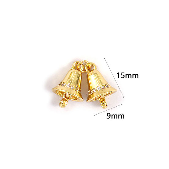 Bild von 1 Piece Brass 3D Charms 18K Gold Plated Christmas Jingle Bell Micro Pave Clear Cubic Zirconia 17mm x 17mm