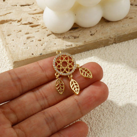 Bild von 1 Piece Brass Pendants 18K Gold Plated Dream Catcher Clear Cubic Zirconia 3.1cm x 1.7cm