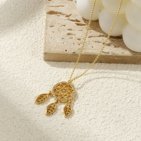Bild von 1 Piece Brass Pendants 18K Gold Plated Dream Catcher Clear Cubic Zirconia 3.1cm x 1.7cm