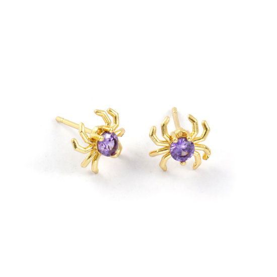 Bild von 1 Pair Stylish Exquisite 18K Gold Plated Purple Brass & Cubic Zirconia Halloween Spider Animal Ear Post Stud Earrings For Women Gift 10mm x 10mm, Post/ Wire Size: 0.8mm(20 gauge)