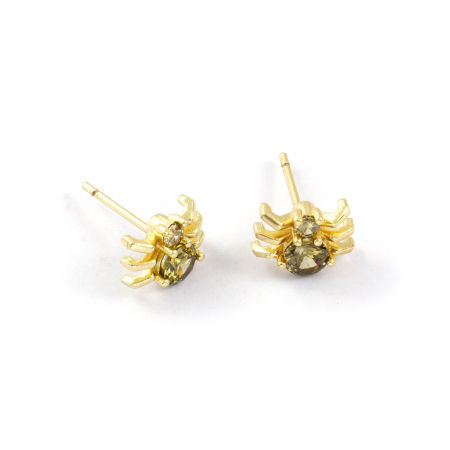 Picture of 1 Pair Stylish Exquisite 18K Gold Plated Olive Green Brass & Cubic Zirconia Halloween Spider Animal Ear Post Stud Earrings For Women Gift 10mm x 7.5mm, Post/ Wire Size: 0.8mm(20 gauge)