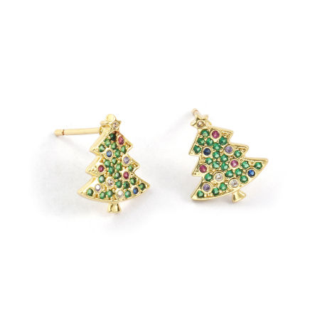 Picture of 1 Pair Sweet & Cute Exquisite 18K Gold Plated Multicolor Brass & Cubic Zirconia Christmas Tree Micro Pave Ear Post Stud Earrings For Women Gift 14mm x 12mm, Post/ Wire Size: 0.8mm(20 gauge)