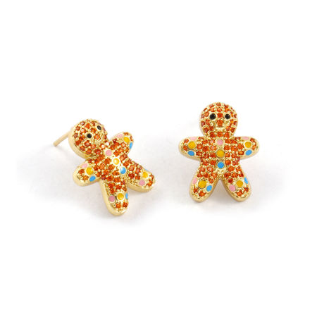 Immagine di 1 Pair Sweet & Cute Exquisite 18K Gold Plated Multicolor Brass & Cubic Zirconia Christmas Ginger Bread Man Micro Pave Ear Post Stud Earrings For Women Gift 18mm x 15mm, Post/ Wire Size: 0.8mm(20 gauge)