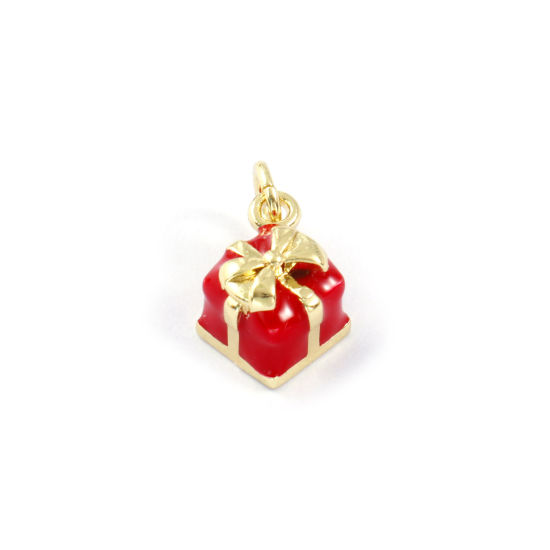 Изображение 2 PCs Eco-friendly Brass Christmas Charms 18K Real Gold Plated Red Enamel Gift Box 3D 15mm x 9.5mm