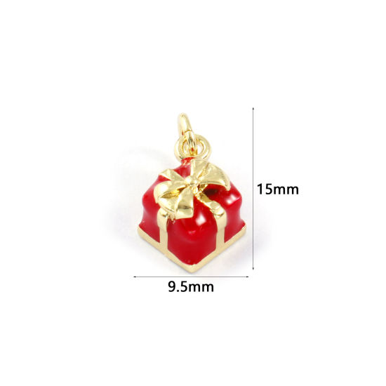 Изображение 2 PCs Eco-friendly Brass Christmas Charms 18K Real Gold Plated Red Enamel Gift Box 3D 15mm x 9.5mm