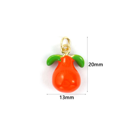 Immagine di 1 Piece Eco-friendly Brass Charms 18K Real Gold Plated Orange-red Enamel Pear Fruit 3D 20mm x 13mm