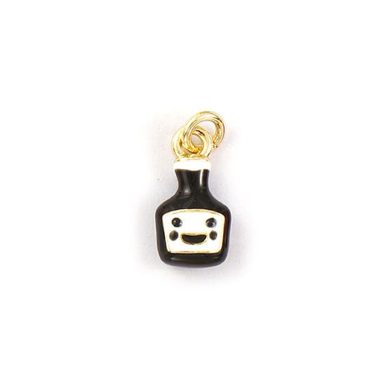 Immagine di 1 Piece Eco-friendly Brass Charms 18K Real Gold Plated Black Enamel Wine Bottle Smile 3D 14mm x 6mm