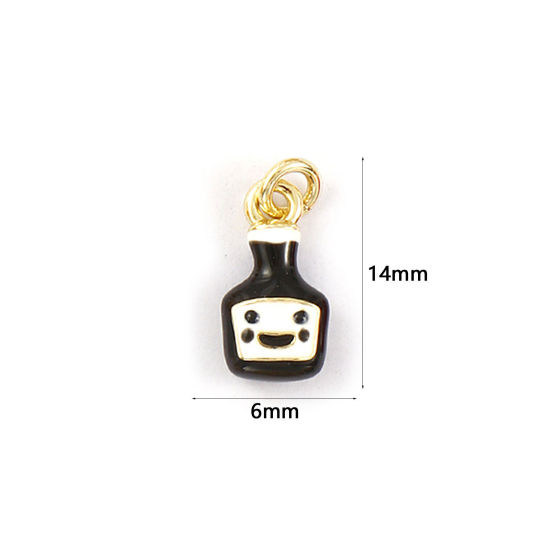 Immagine di 1 Piece Eco-friendly Brass Charms 18K Real Gold Plated Black Enamel Wine Bottle Smile 3D 14mm x 6mm